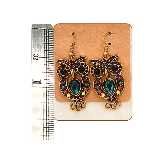 Owl Rhinestone Earrings - Gold Multicolor Rhinestone - Picture 2 of 2